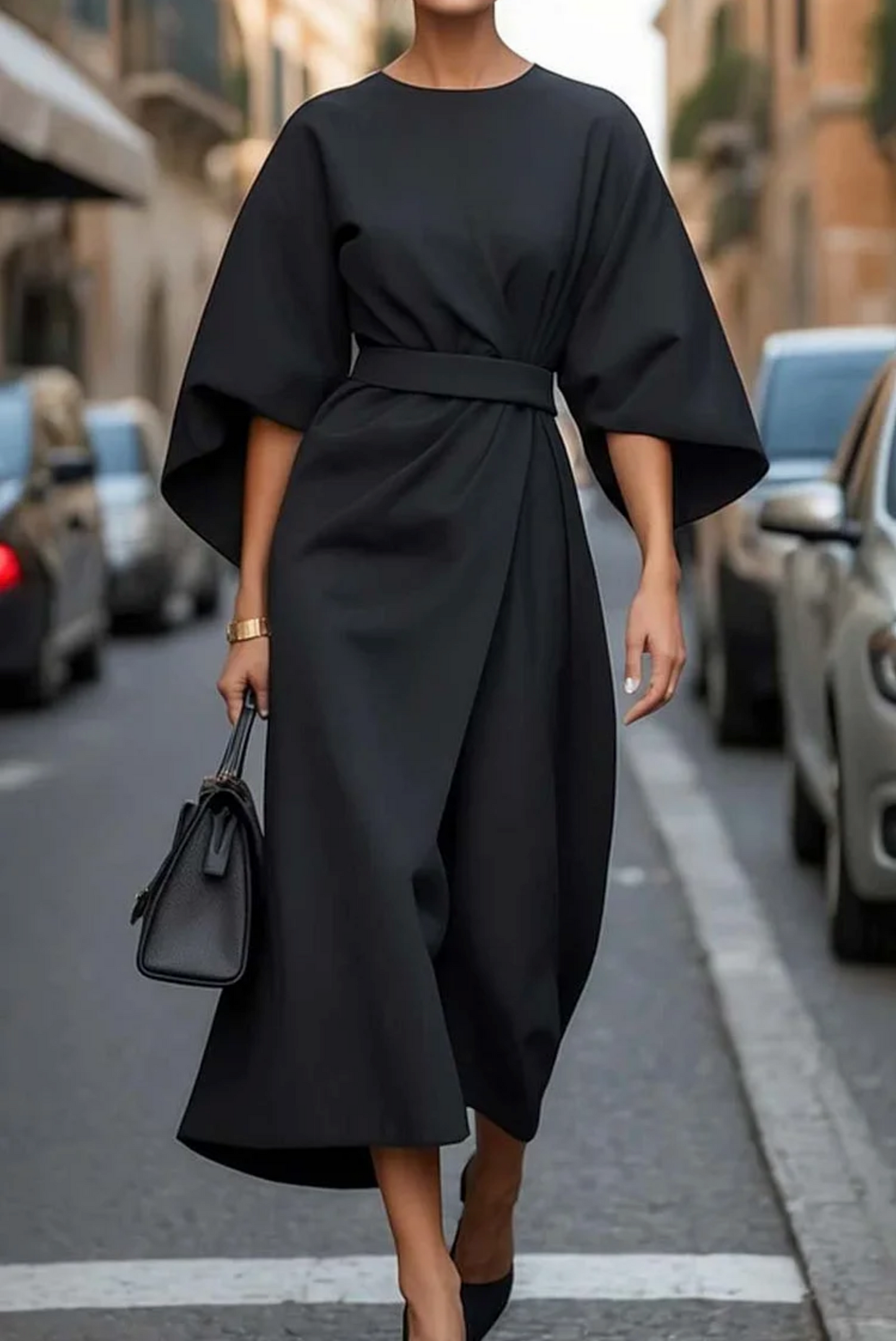 Beautiful Dress with Bell Sleeves and Waist Belt