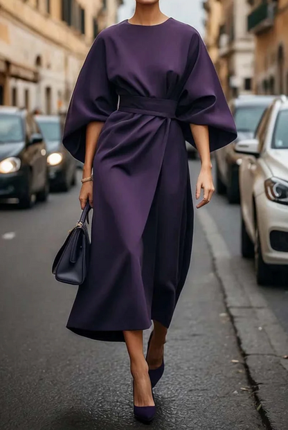 Women's Midi Dress Round Neck Wide Sleeves Waist Belt