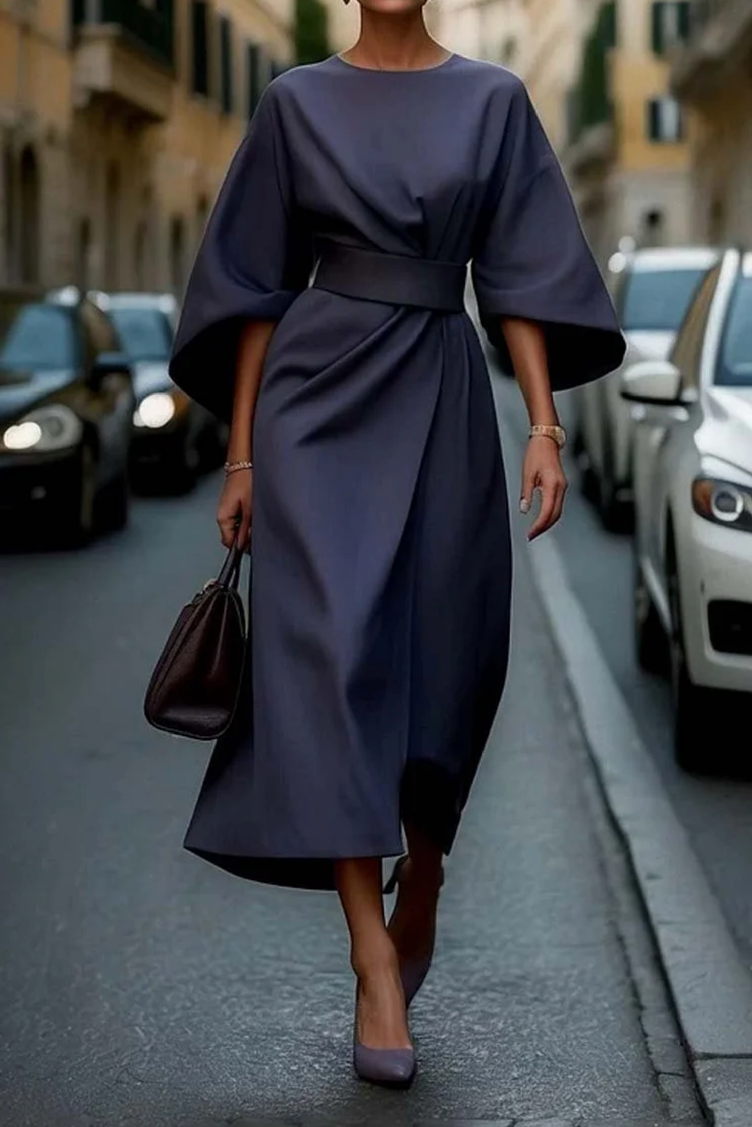 Women's Maxi Dress Belted Flowy Design - VibreMode