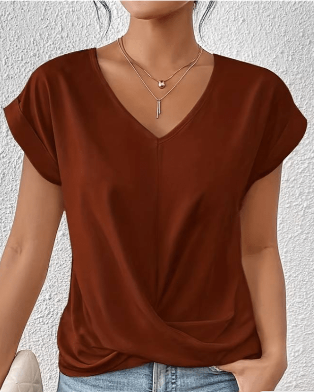 Green Twist Front V Neck Short Sleeve Women's Top