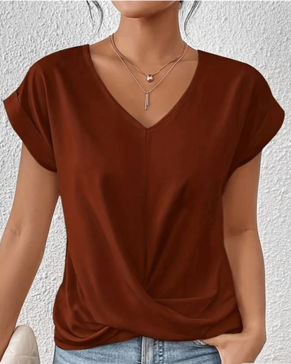 Green Twist Front V Neck Short Sleeve Women's Top