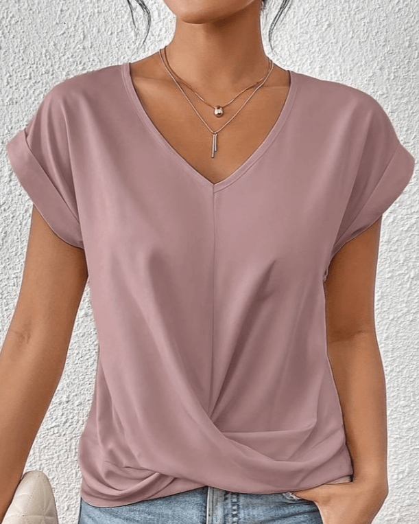 Green Twist Front V Neck Short Sleeve Women's Top