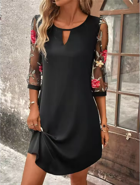 Women's Casual Dress 3/4 Mesh Sleeves - VibreMode