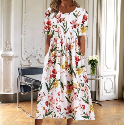 Women's Floral Round Neck Midi Dress - VibreMode