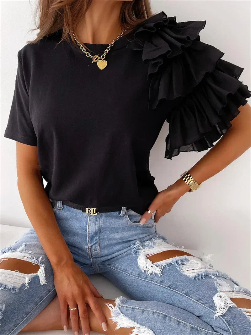 Women's One-Shoulder Blouse Ruffle Detail