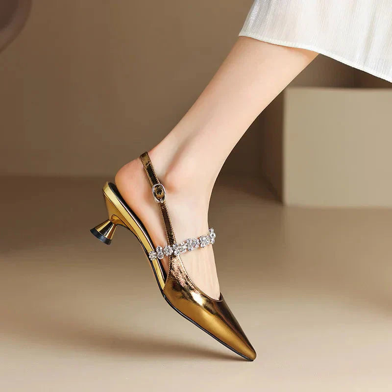 Luxurious Crystal Buckle High Heel Slingbacks