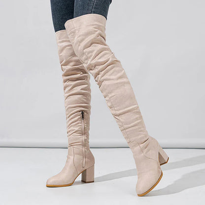 Women's Knee High Boots Pointed Toe Block Heel Slouch Black