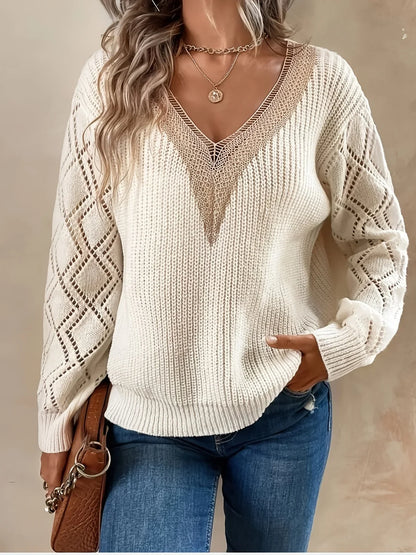 Women's V Neck Sweater Solid Paisley Pattern