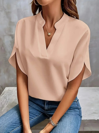 Women's Short Sleeve Blouse Split Neckline