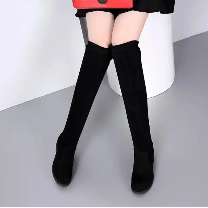 Women's Black Over-Knee Lace Boots Chunky Heel