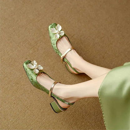 Elegant Ladies Floral Block Heel Slingback Shoes