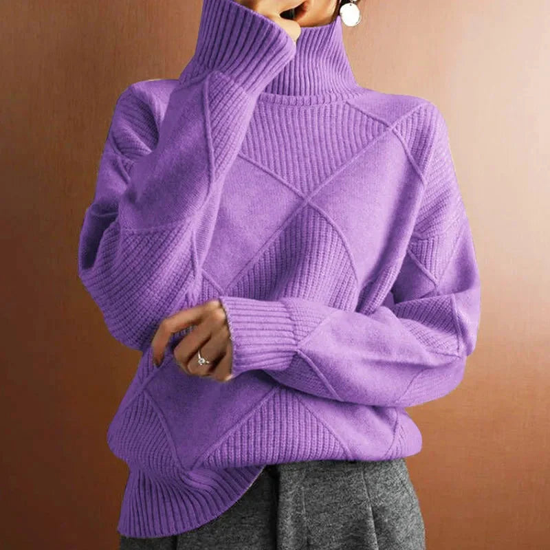 Geometric Ribbed Relaxed Fit Wool Turtleneck Sweater for Women – Cozy & Stylish Everyday Wear Caliboot