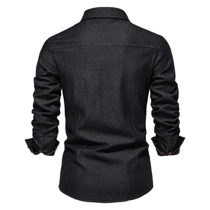 Men's Long Sleeve Button Shirt Cotton Contrast Dual Pocket
