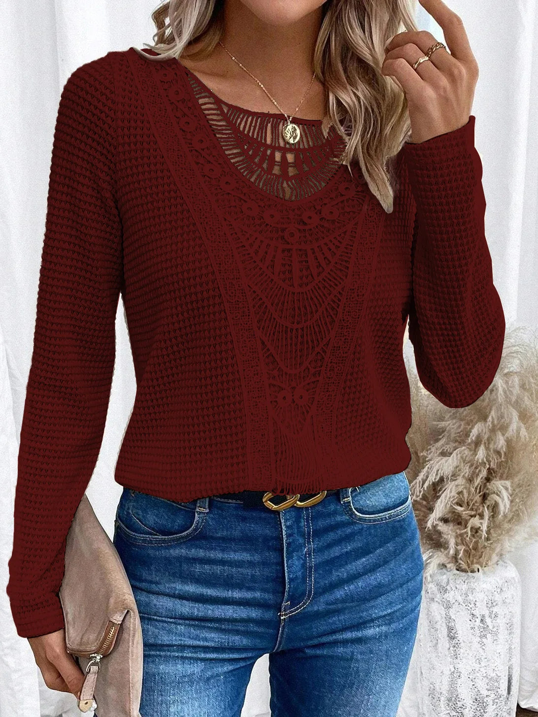 Women's Crochet Lace Sweater V-Neck