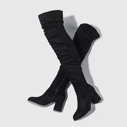 Women's Knee High Boots Pointed Toe Block Heel Slouch Black