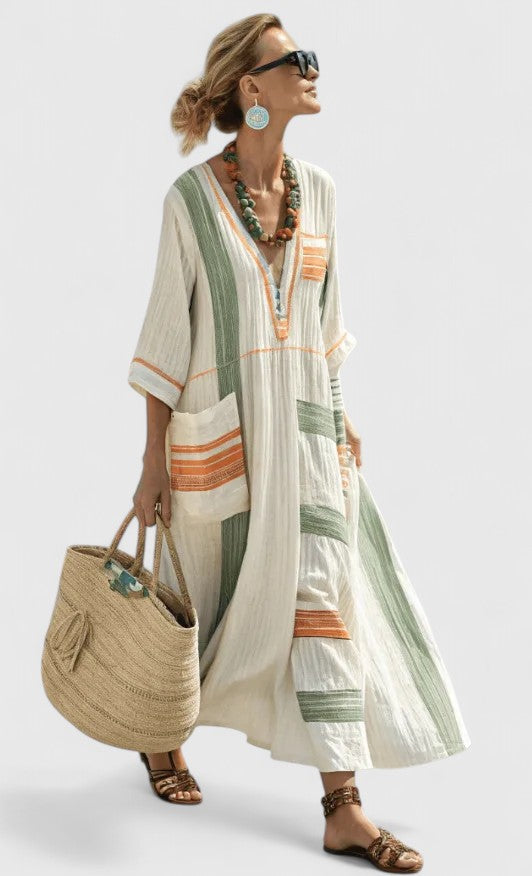 Women's V-Neck Maxi Dress Stripe Detail