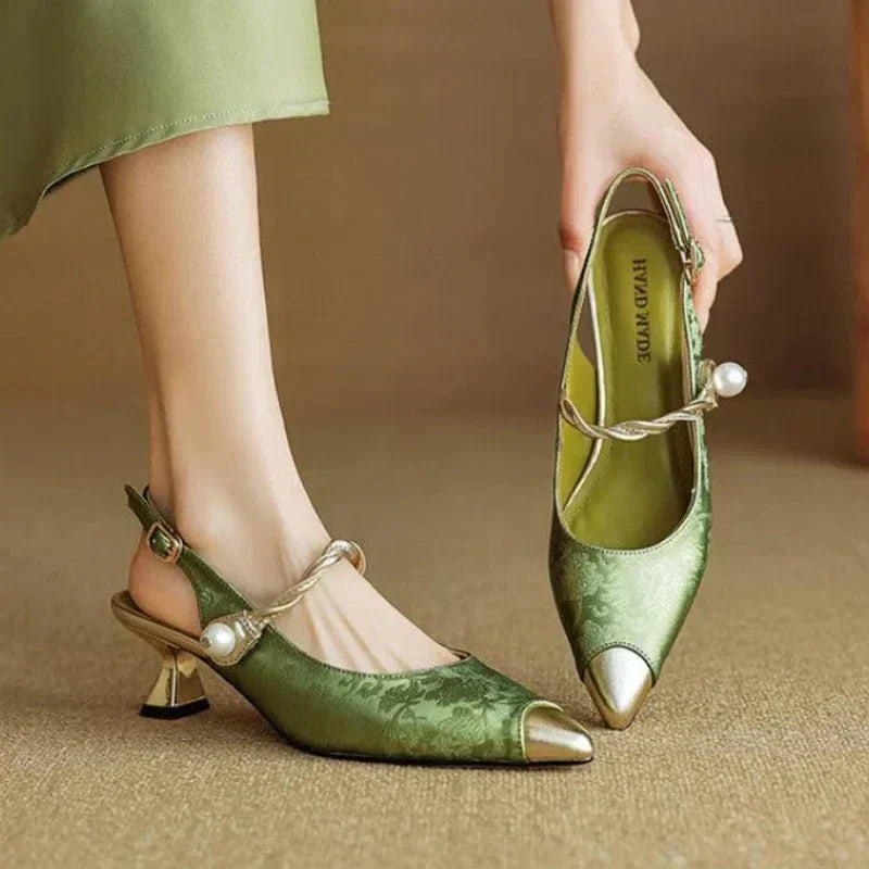 Women's Pearl Kitten Heels Slingback Pumps - VibreMode