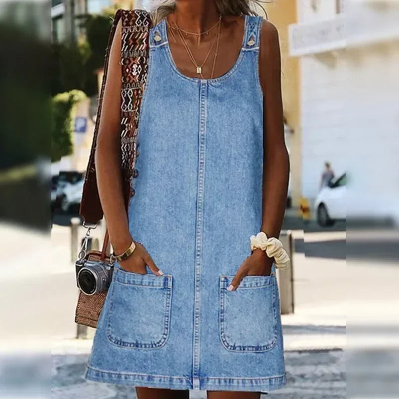 Women's Summer Dress Round Neck Oversized Pockets - VibreMode