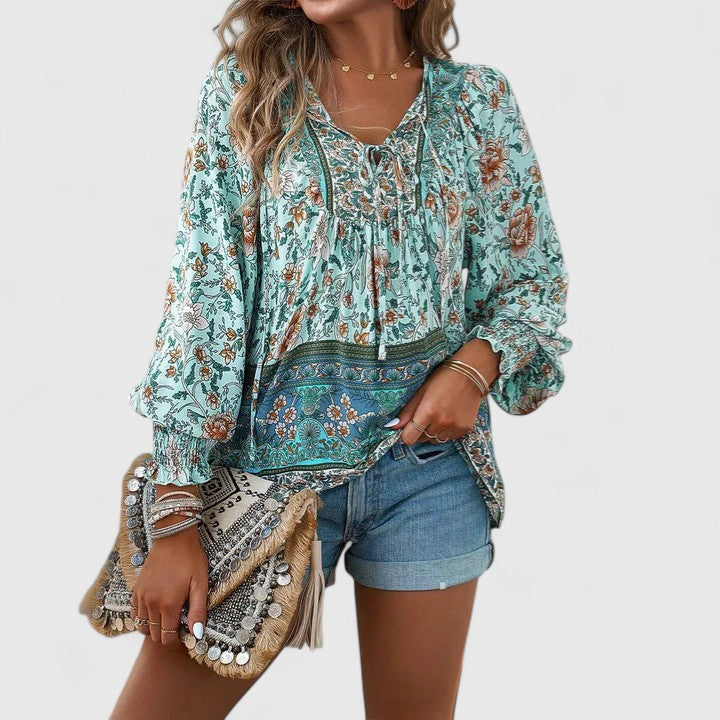 Women's V-Neck Puff Sleeve Blouse Floral Print