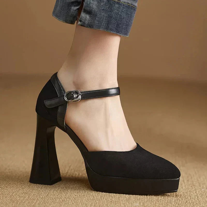 Ladies High Heel Ankle Strap Block Pumps Shoes