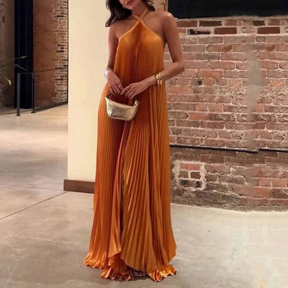Women's Pleated Halter Maxi Dress Evening Wear - VibreMode