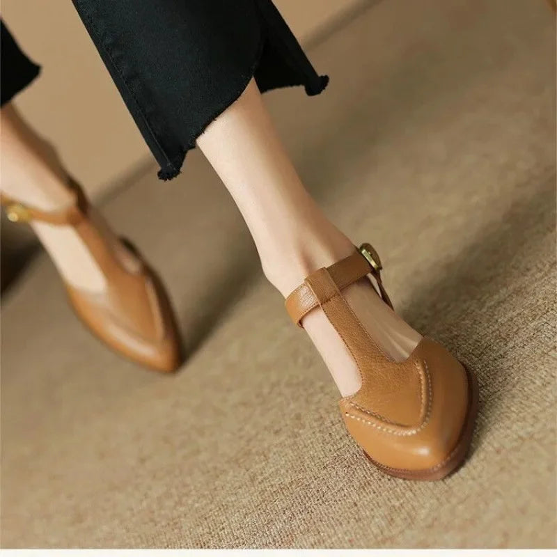 Sloane Women's T-Strap Pointed Toe Low Heel Shoes - VibreMode