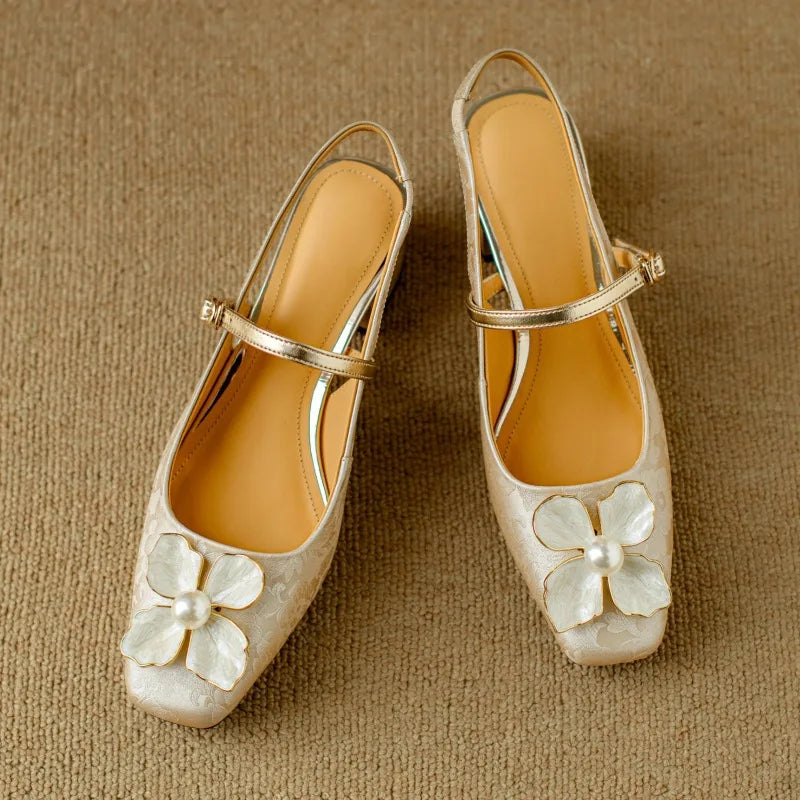 Elegant Ladies Floral Block Heel Slingback Shoes
