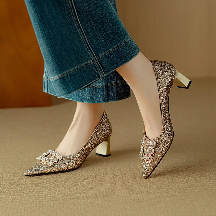 Women's Glitter Pumps Pointed Toe Crystal Buckle Heel - VibreMode