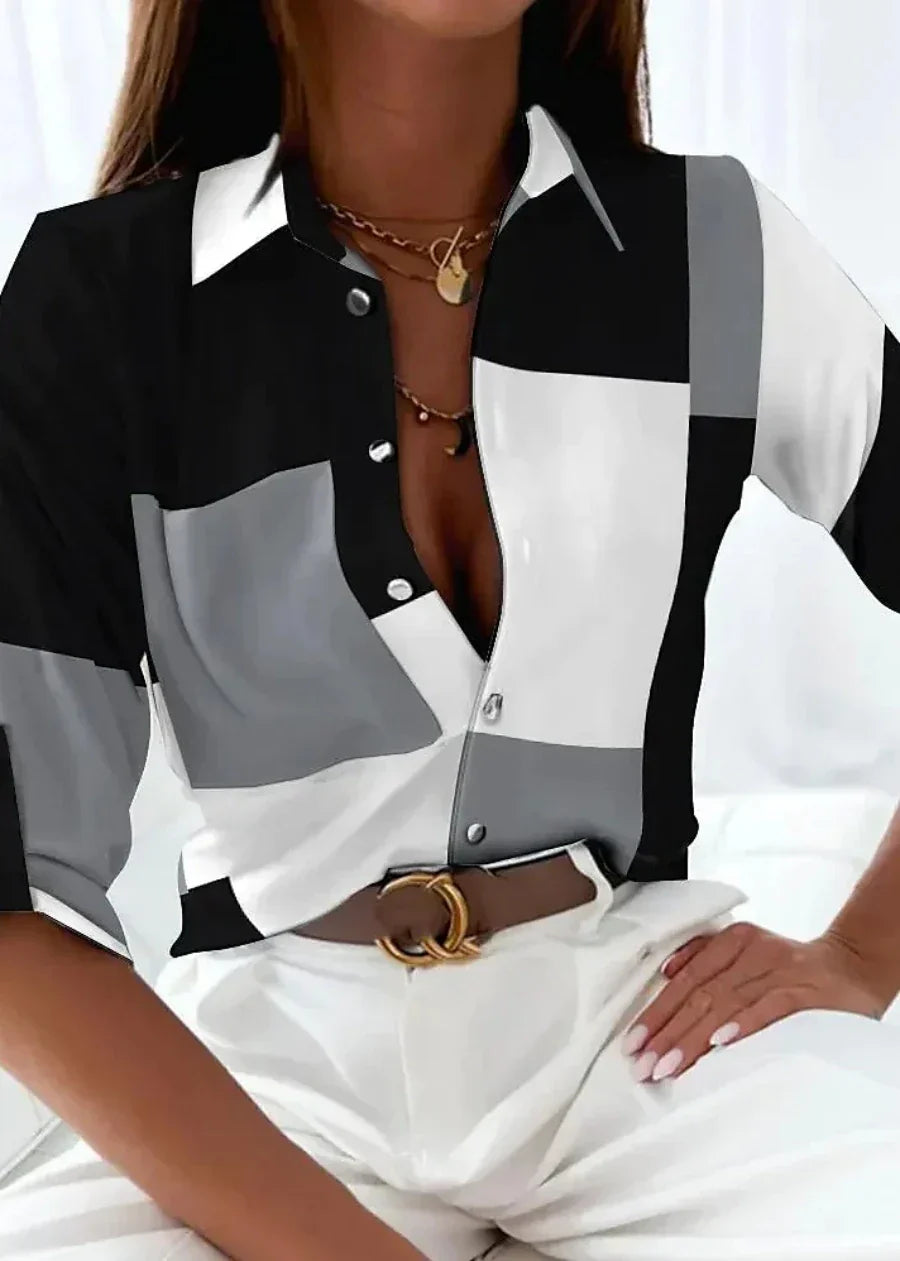 Women's Printed Collared Button-Front Blouse