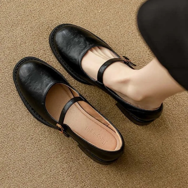 Women's Leather Mary Jane Shoes Low Block Heel Strap - VibreMode