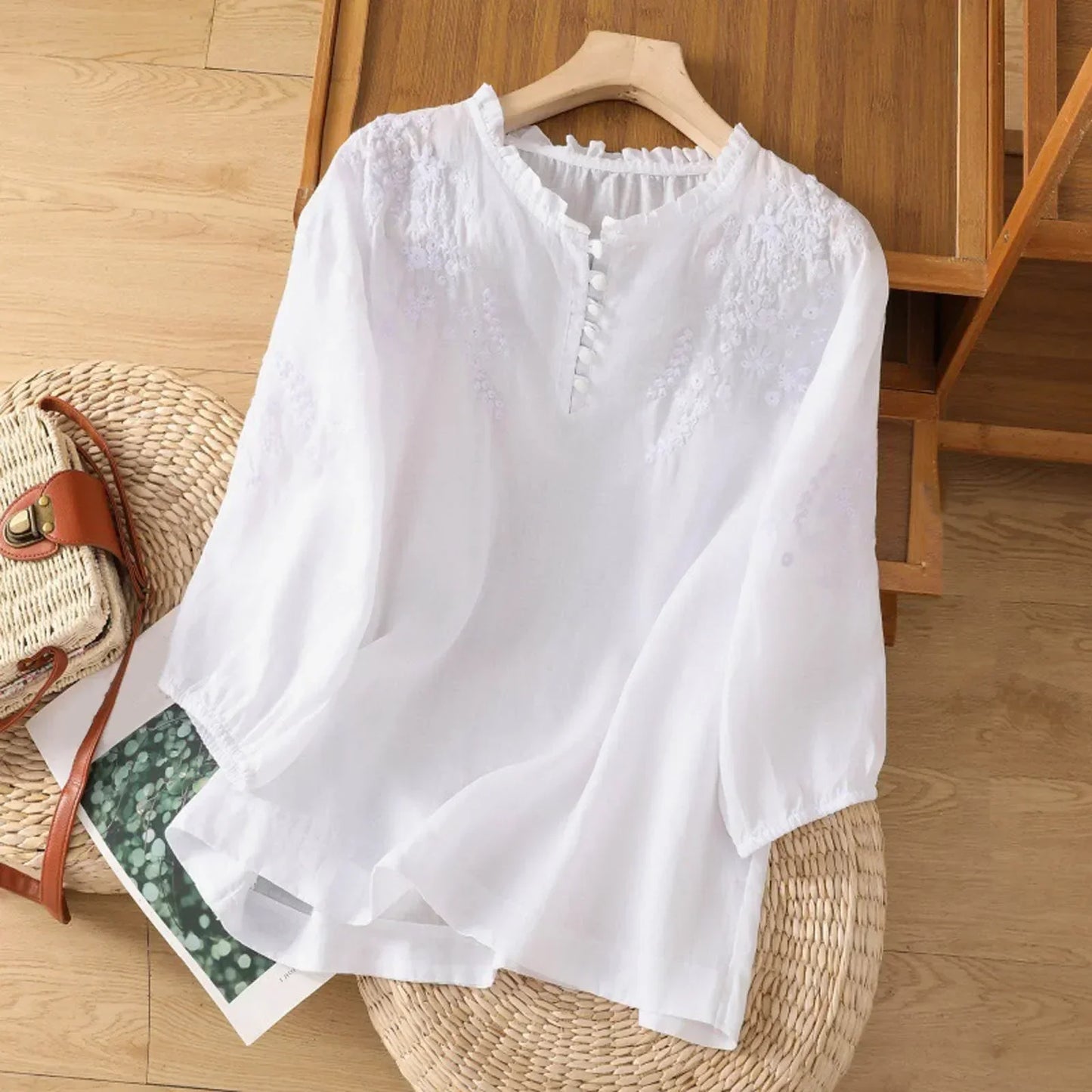 Women's Ruffle Blouse Embroidered Cotton White