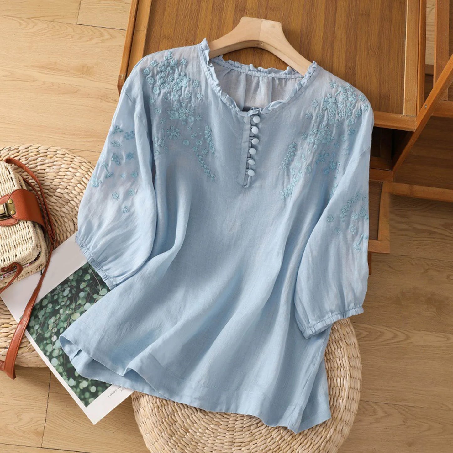 Women's Ruffle Blouse Embroidered Cotton White - VibreMode