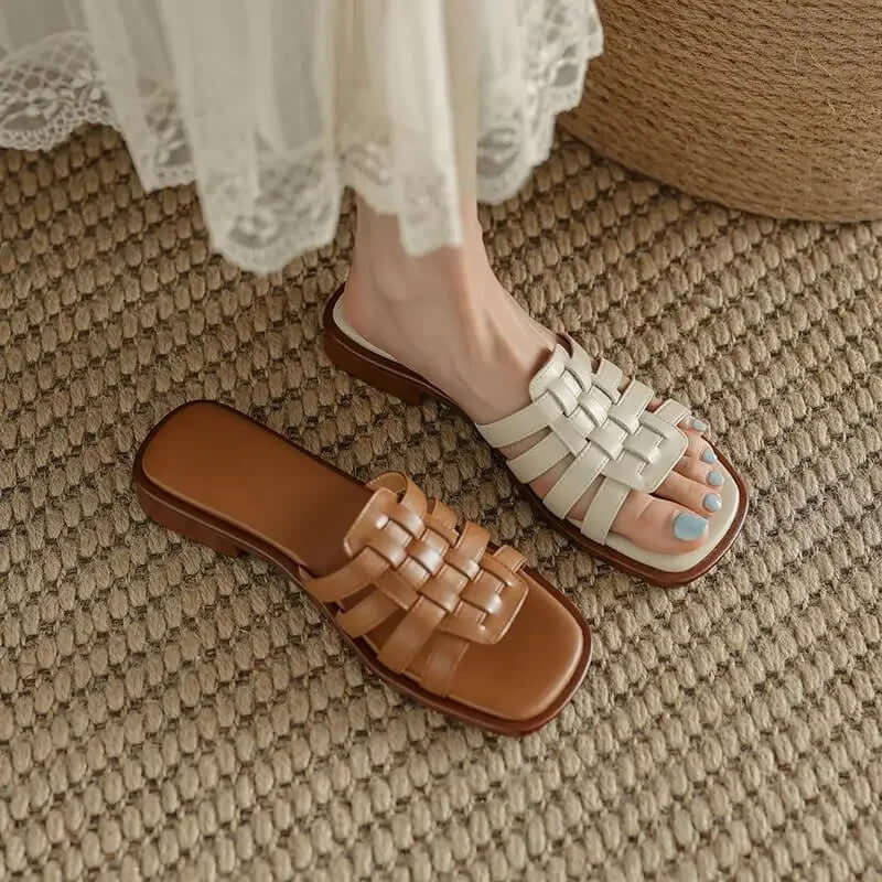 Women's Leather Flat Slides Comfortable - VibreMode