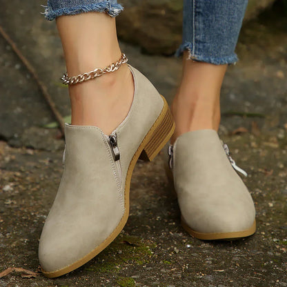 Women's Low Ankle Boots Side Zipper Block Heel