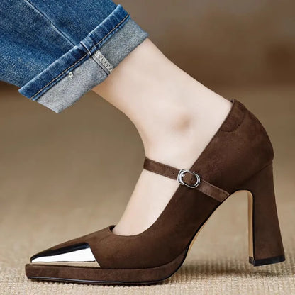 Serena Women's Block Heel Mary Jane Pumps Cap Toe Strap