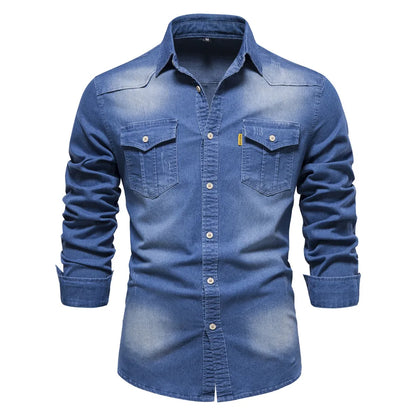 Men's Long Sleeve Button Shirt Cotton Contrast Dual Pocket