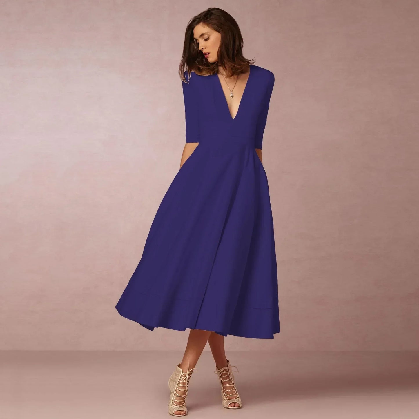 Women's Deep V Neck Midi Dress Half Sleeves Flared Skirt