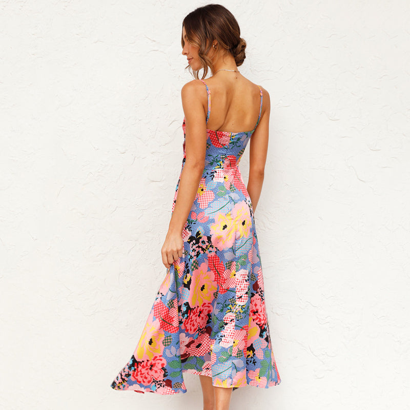 Women's Floral Midi Dress Spaghetti Strap Tie Front