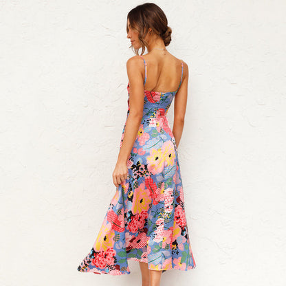 Women's Floral Midi Dress Spaghetti Strap Tie Front