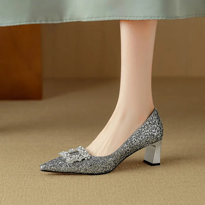 Women's Glitter Pumps Pointed Toe Crystal Buckle Heel