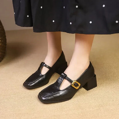 Women's Block Heel Mary Jane Shoes Gold Buckle