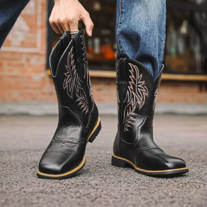 Men's Western Cowboy Boots Embroidered Mid-Calf Square Toe Brown