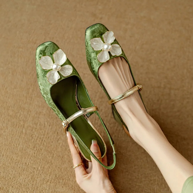 Elegant Ladies Floral Block Heel Slingback Shoes