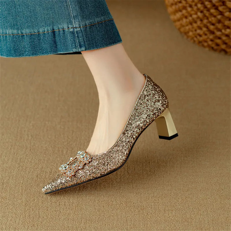Sparkly High Heel Pumps with Crystal Strap Detail