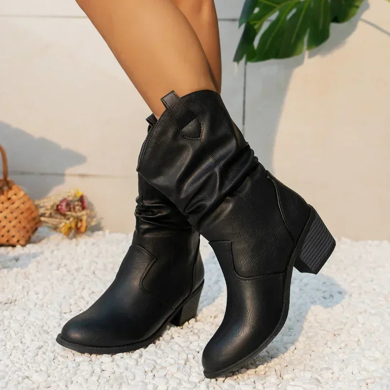 Women's Slouchy Block Heel Mid Calf Boots - VibreMode