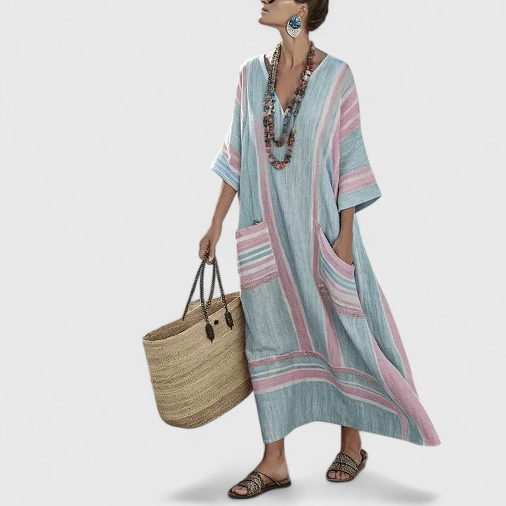 Women's Striped Linen Maxi Dress with Pockets