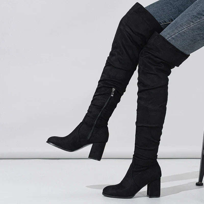 Women's Knee High Boots Pointed Toe Block Heel Slouch Black - VibreMode