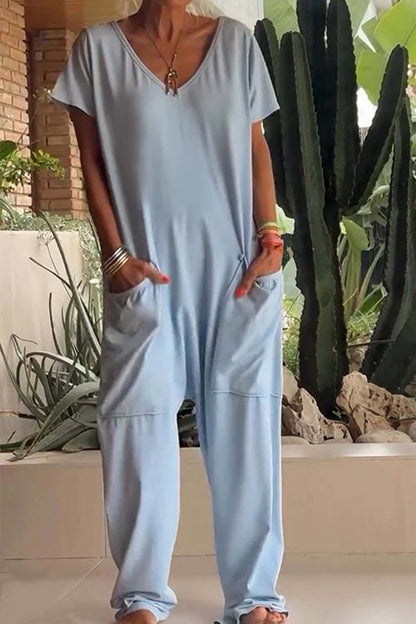 Relaxed Fit Women's V-Neck Short Sleeve Jumpsuit with Pockets