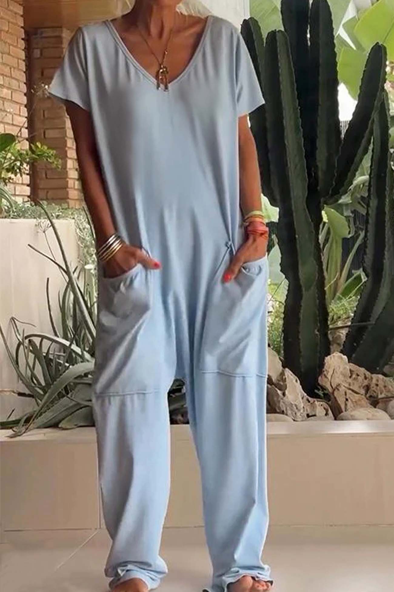 Women's V-Neck Short Sleeve Jumpsuit with Pockets