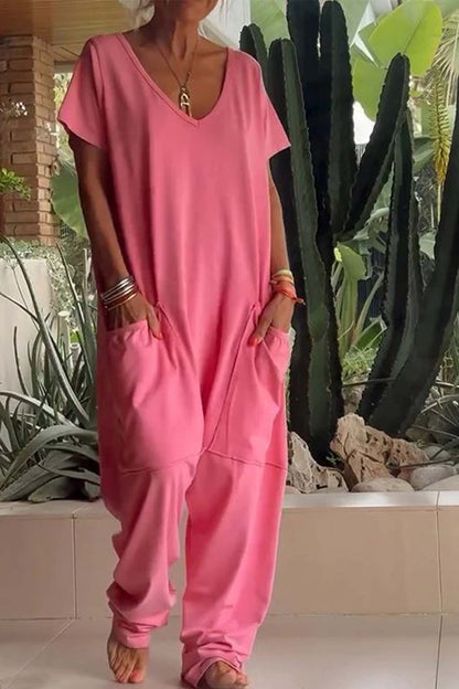 Women's V-Neck Short Sleeve Jumpsuit with Pockets - VibreMode